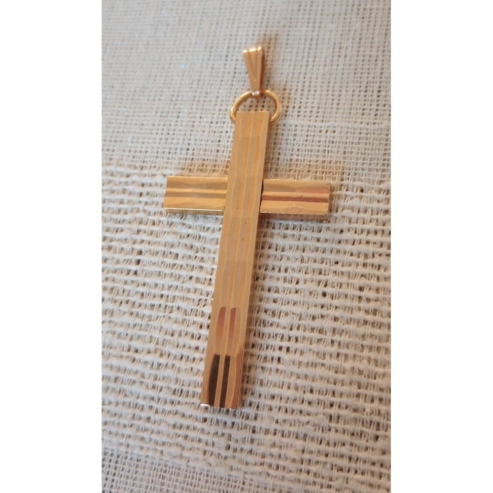 VTG Gold Plated Etched Block Style Cross Pendant (Reversible) 2.25" Long EUC
